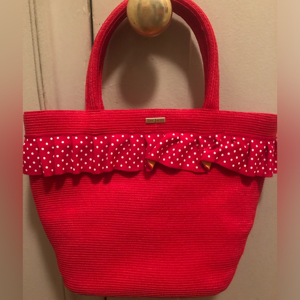 Gorgeous Eric Javits Red Straw Tote Bag with Grosgrain Ruffle